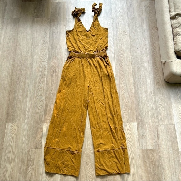 Pact Organic Mustard Yellow Tie Sleeve Jumpsuit - Sustainable V-Neck One Piece - Picture 3 of 8